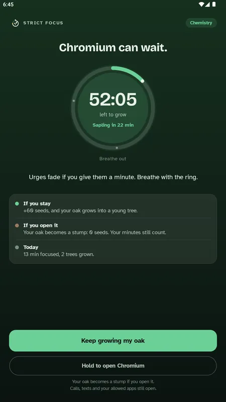 Pagewood app blocking screen: "Chromium can wait." with a 52:05 focus ring and a Keep growing button