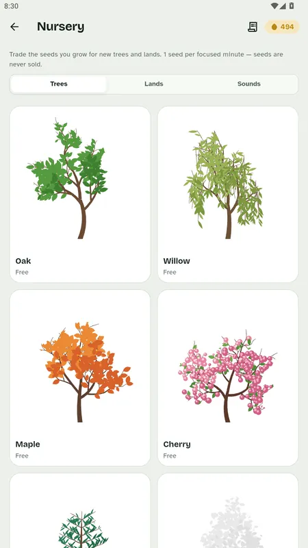 Pagewood Nursery screen with tree species to unlock with seeds