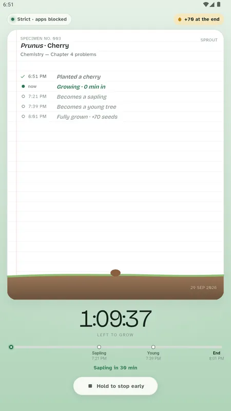 Pagewood session screen: the journal page lists when the tree becomes a sapling, a young tree and fully grown